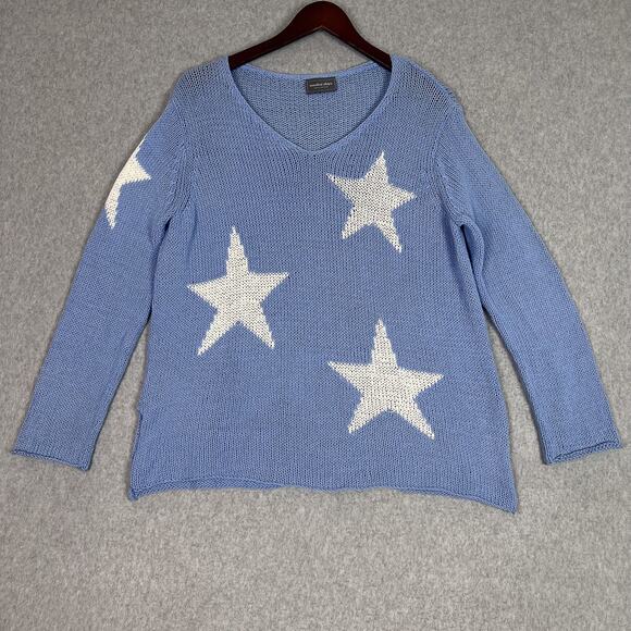 Wooden Ships Blue Star V Neck Long Sleeve Knit Sweater Size M/L - Picture 1 of 9